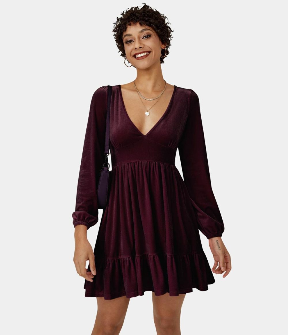 Everyday Deep V Neck Ruffled Hem Velvet Mini Chill Party Dress  | Womens  Mini Dresses Clothing Deep Twilight/Black/Sangria/Lilac Sachet/Rifle Green/Midnight Ocean/Dusky Purple/Patina Brown