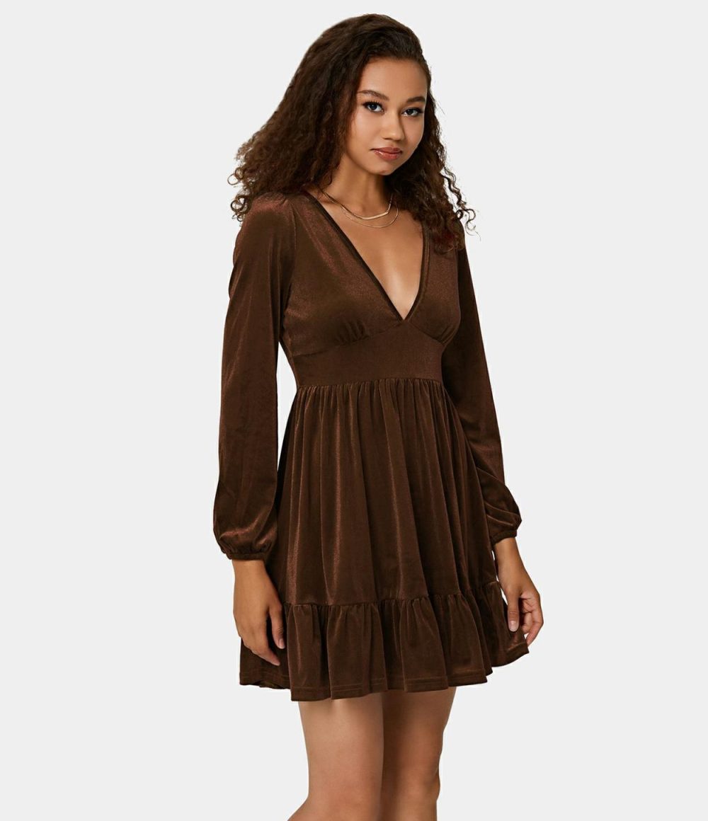 Everyday Deep V Neck Ruffled Hem Velvet Mini Chill Party Dress  | Womens  Mini Dresses Clothing Mini Dresses