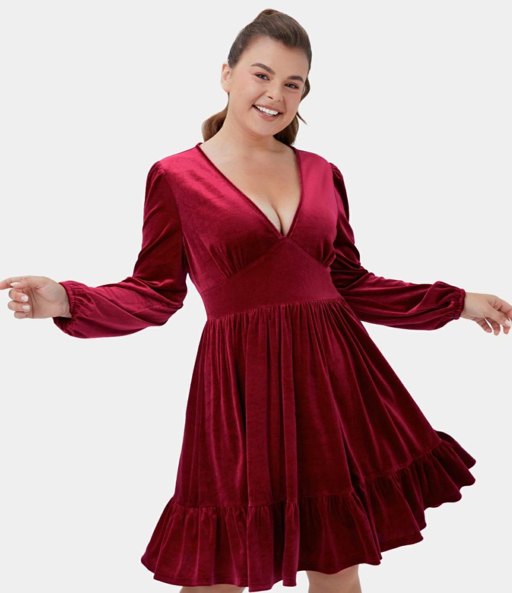 Everyday Deep V Neck Ruffled Hem Velvet Plus Size Mini Chill Dress  | Womens  Mini Dresses Clothing Mini Dresses