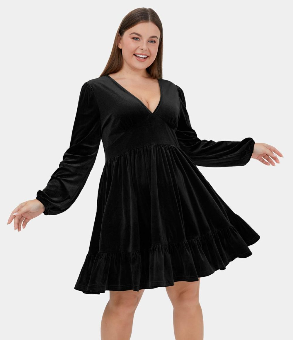 Everyday Deep V Neck Ruffled Hem Velvet Plus Size Mini Chill Dress  | Womens  Mini Dresses Clothing Mini Dresses