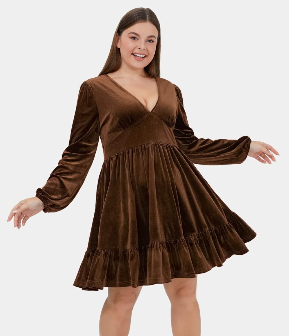 Everyday Deep V Neck Ruffled Hem Velvet Plus Size Mini Chill Dress  | Womens  Mini Dresses Clothing Mini Dresses