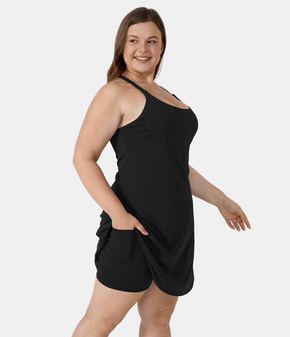 Everyday Softlyzero™ Airy Backless Plus Size Dress-Euphoria Air-Longer Cool Touch Dress & Adjustable Straps-UPF50+  | Womens  Mini Dresses Clothing Ink Green/Tigerlily/Cordovan/Elderberry/Cornflower Blue/Black/Peacoat