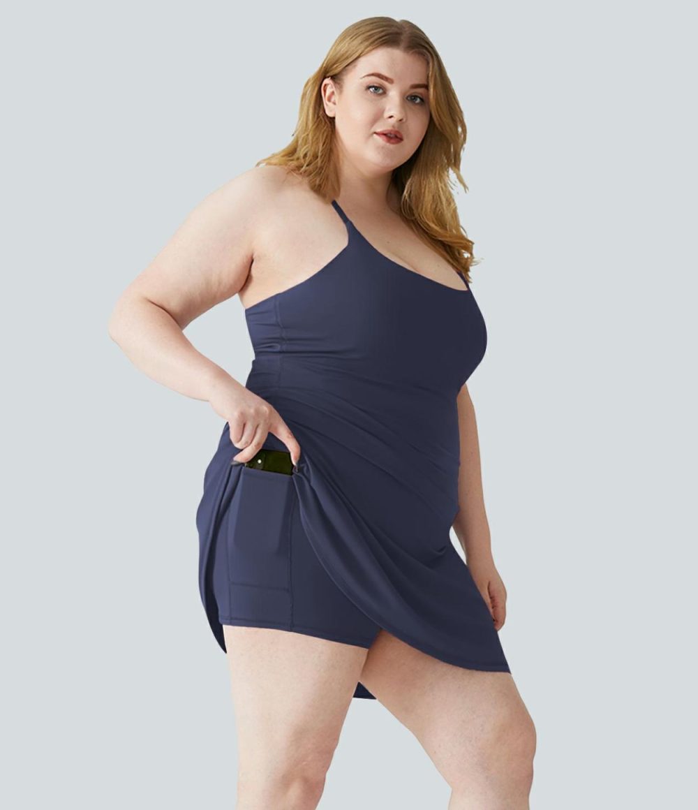 Everyday Softlyzero™ Plush Backless 2-in-1 Flare Workout Plus Size Dress-Wannabe-Easy Peezy  | Womens  Mini Dresses Clothing Fuchsia Purple/Peacoat/Grass Grey Green/Tulip Purple/Black/Sequoia