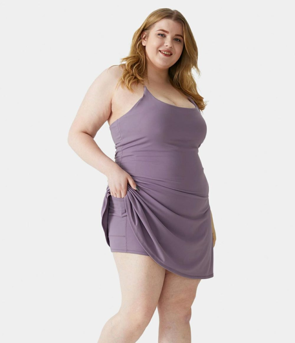 Everyday Softlyzero™ Plush Backless 2-in-1 Flare Workout Plus Size Dress-Wannabe-Easy Peezy  | Womens  Mini Dresses Clothing Fuchsia Purple/Peacoat/Grass Grey Green/Tulip Purple/Black/Sequoia