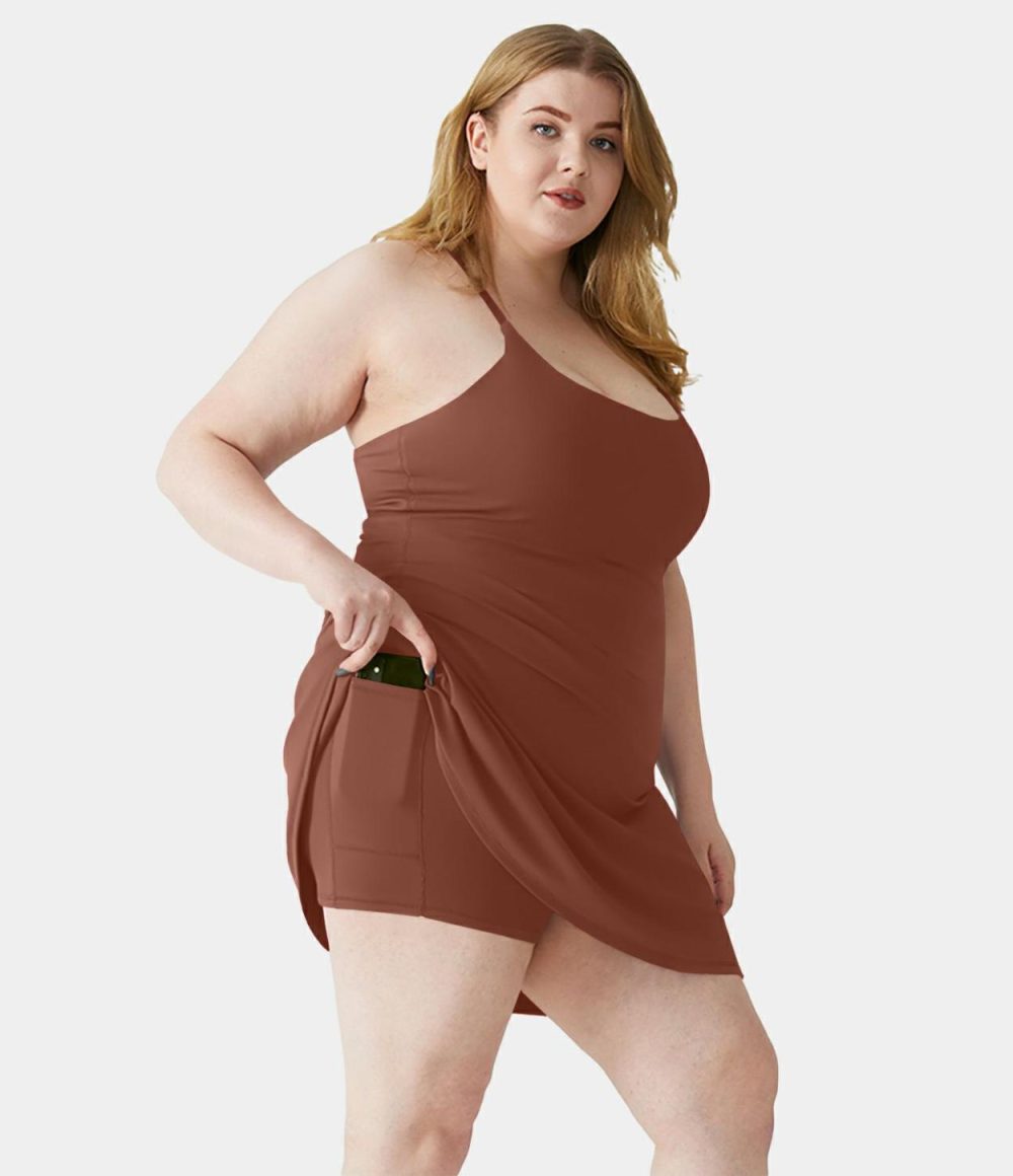 Everyday Softlyzero™ Plush Backless 2-in-1 Flare Workout Plus Size Dress-Wannabe-Easy Peezy  | Womens  Mini Dresses Clothing Fuchsia Purple/Peacoat/Grass Grey Green/Tulip Purple/Black/Sequoia