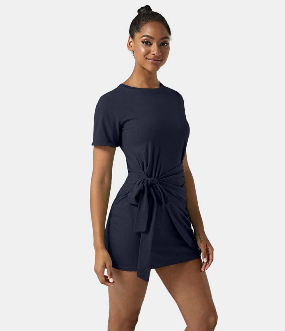 Everyday Tie Knot Ruched Mini Chill Dress-Belle  | Womens  Mini Dresses Clothing Dark Sapphire/Capulet Olive/Black