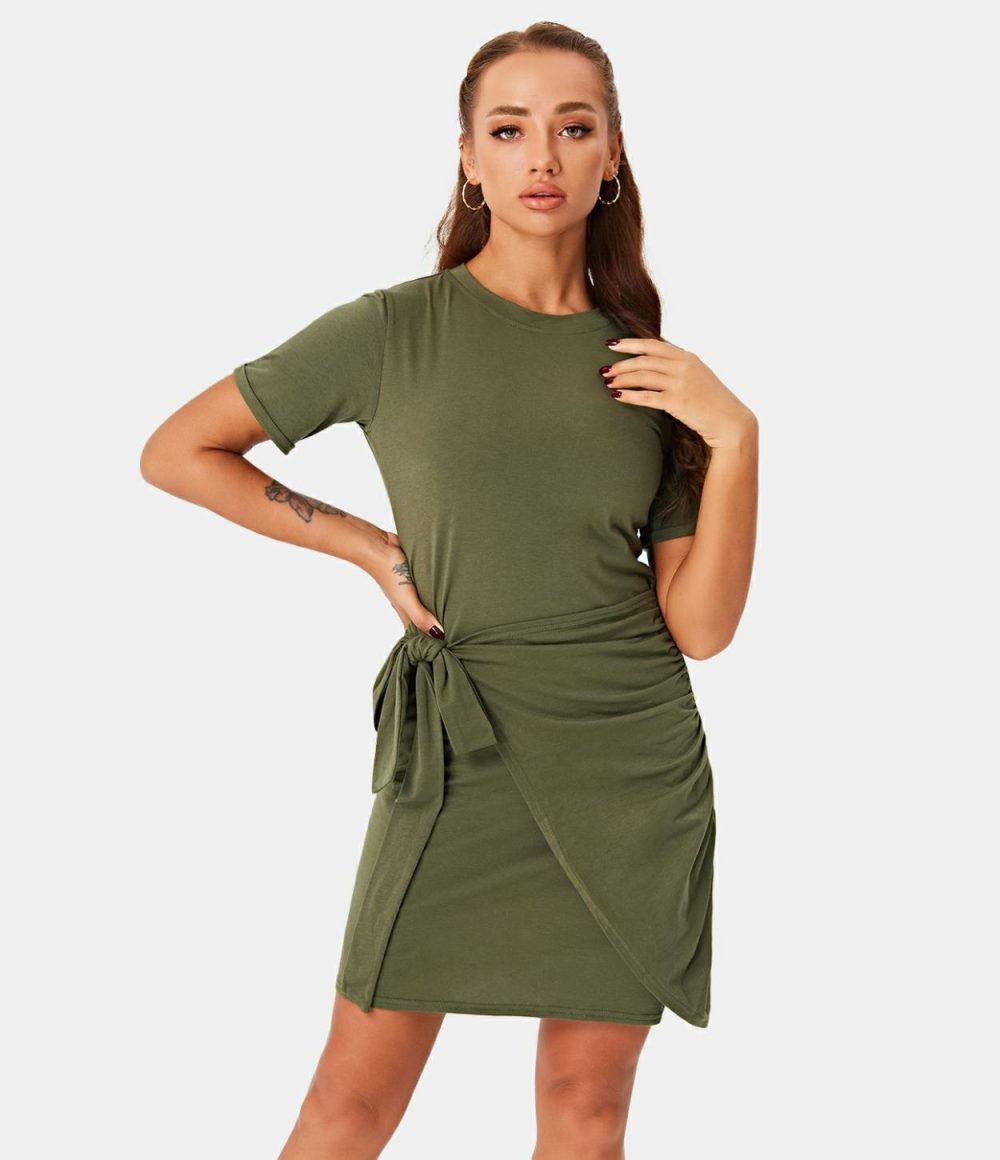 Everyday Tie Knot Ruched Mini Chill Dress-Belle  | Womens  Mini Dresses Clothing Dark Sapphire/Capulet Olive/Black