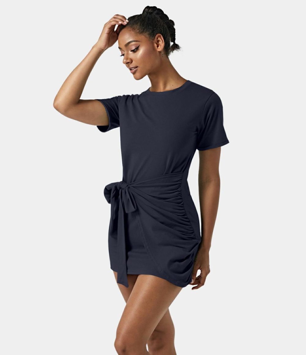 Everyday Tie Knot Ruched Mini Chill Dress-Belle  | Womens  Mini Dresses Clothing Dark Sapphire/Capulet Olive/Black