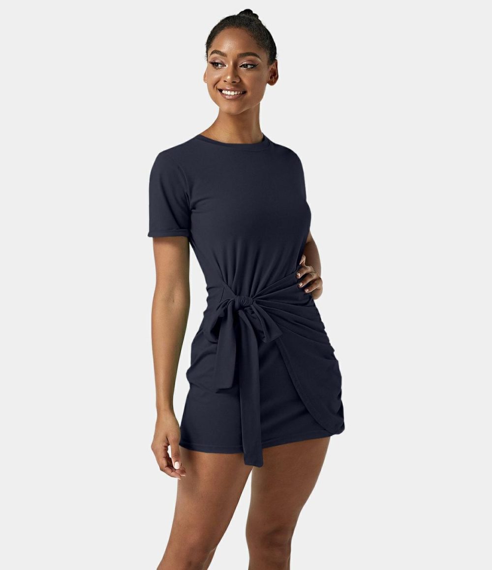 Everyday Tie Knot Ruched Mini Chill Dress-Belle  | Womens  Mini Dresses Clothing Dark Sapphire/Capulet Olive/Black