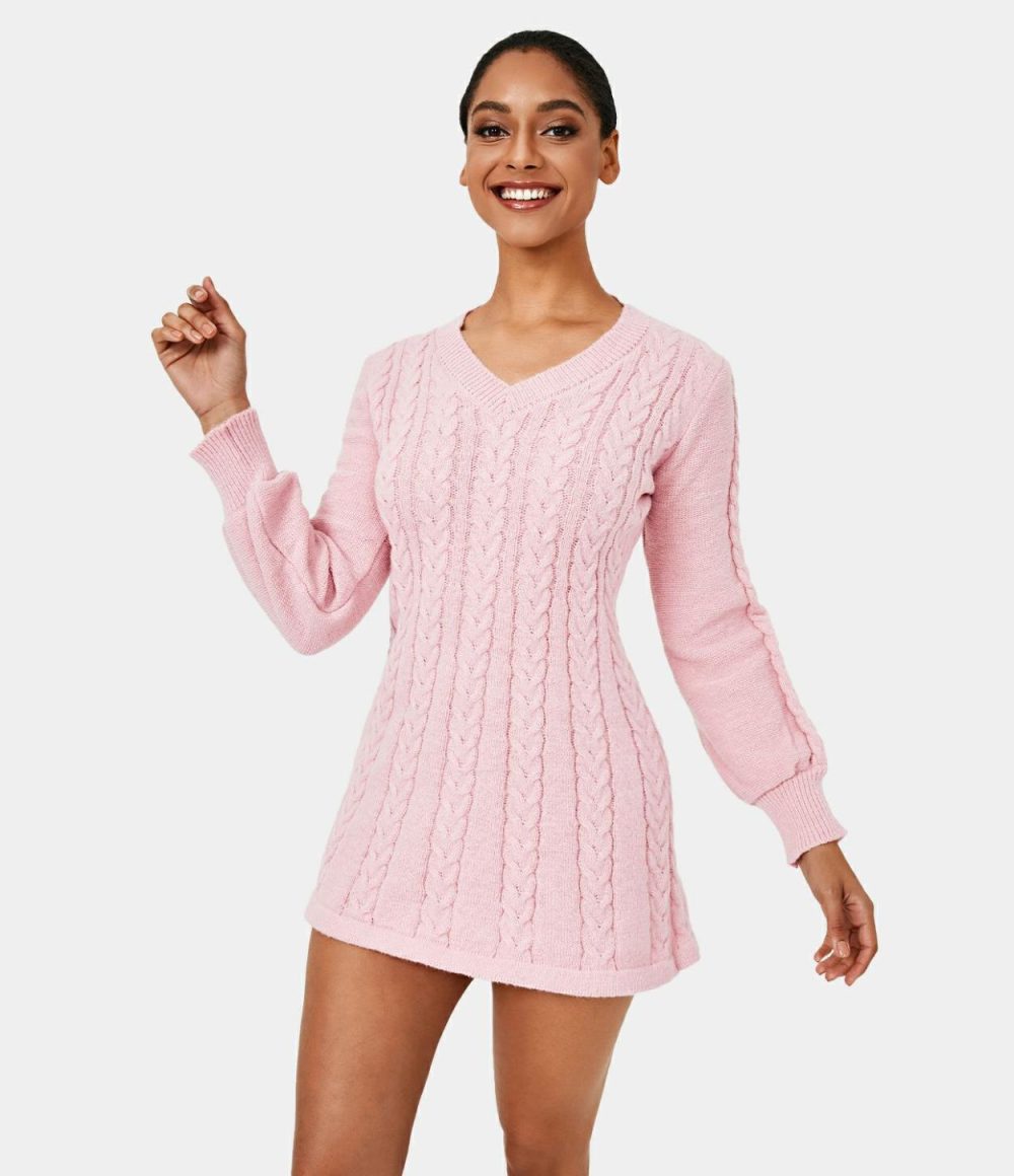 Everyday V Neck Long Sleeve Mini Sweater Chill Dress  | Womens  Mini Dresses Clothing Granite Rose/Black/Sandstone/Papyrus