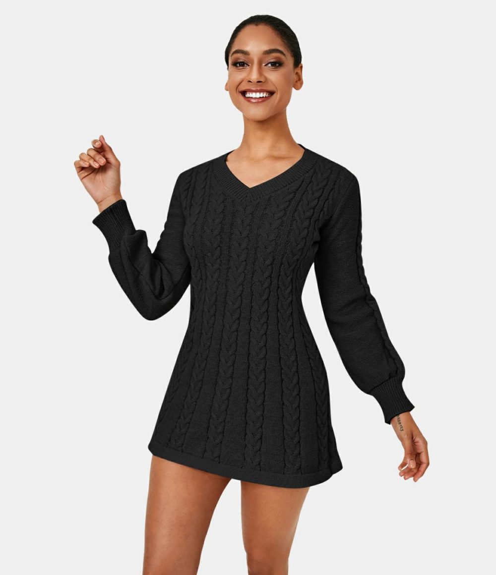 Everyday V Neck Long Sleeve Mini Sweater Chill Dress  | Womens  Mini Dresses Clothing Granite Rose/Black/Sandstone/Papyrus