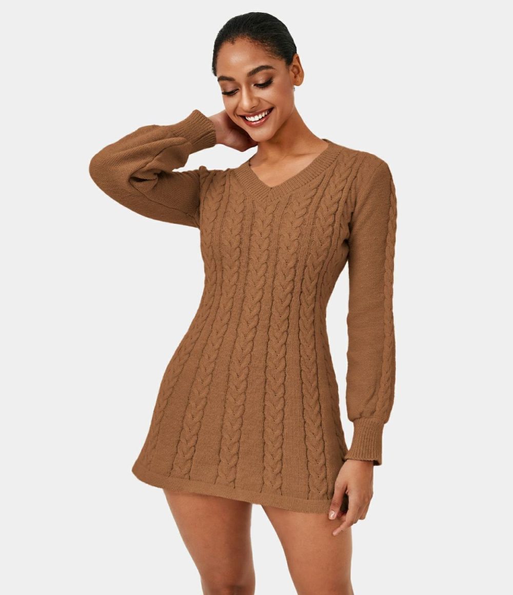 Everyday V Neck Long Sleeve Mini Sweater Chill Dress  | Womens  Mini Dresses Clothing Granite Rose/Black/Sandstone/Papyrus