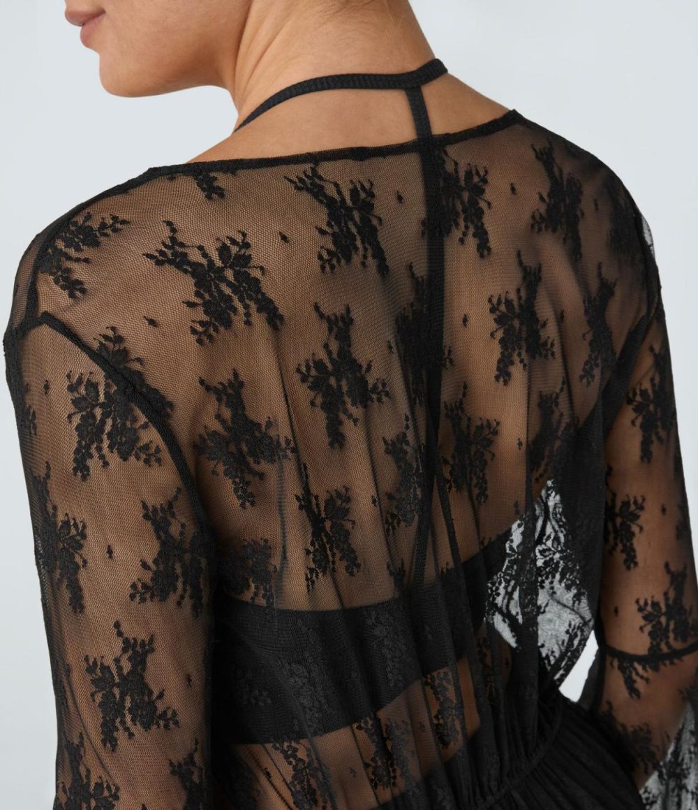 Flounce Sleeve Tie Front Ruffle Hem Sheer Lace Kimono  | Womens  Cover Ups Clothing Black/White