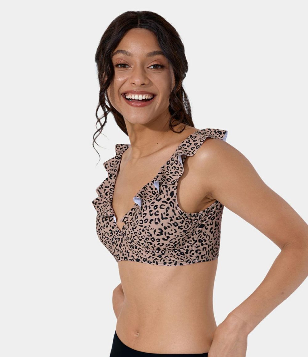 Frill Leopard Print Bikini Top  | Womens  Swimwear Tops Clothing Black Pink Leopard Print