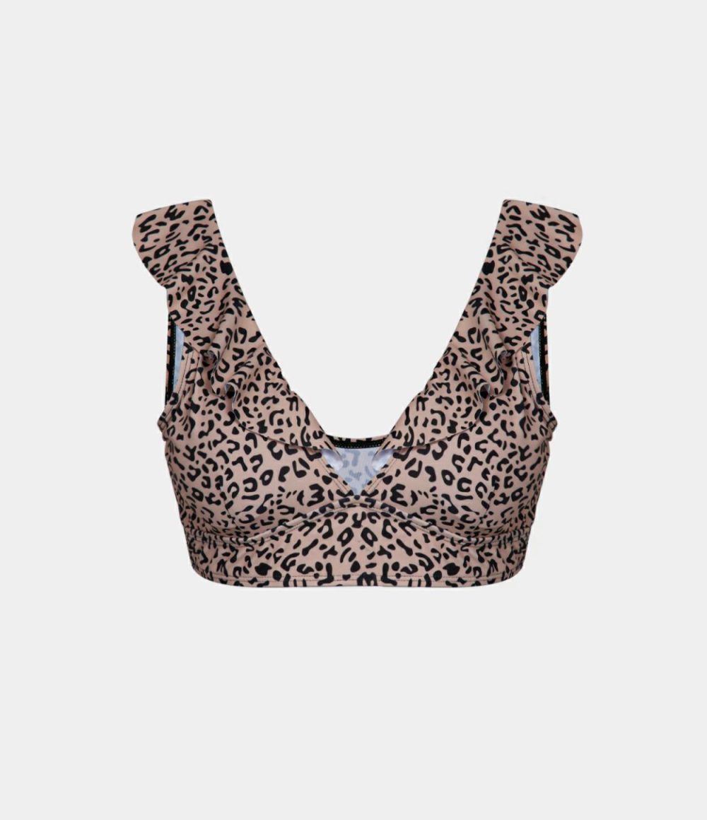 Frill Leopard Print Bikini Top  | Womens  Swimwear Tops Clothing Black Pink Leopard Print