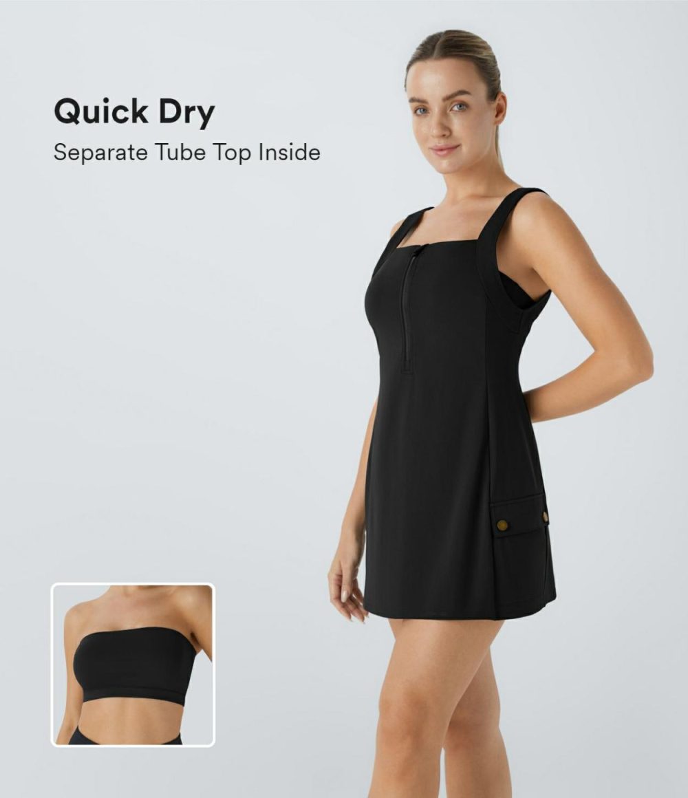 Front Half Zip Side Cargo Pocket Backless 2-Piece Quick Dry Mini Tank Active Dress  | Womens  Active Dresses Active Dresses Active Dresses