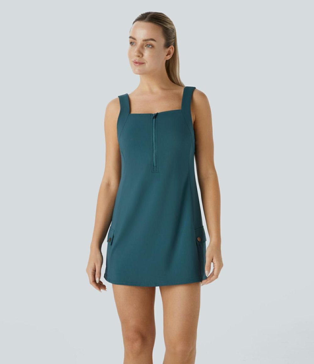 Front Half Zip Side Cargo Pocket Backless 2-Piece Quick Dry Mini Tank Active Dress  | Womens  Active Dresses Active Dresses Active Dresses