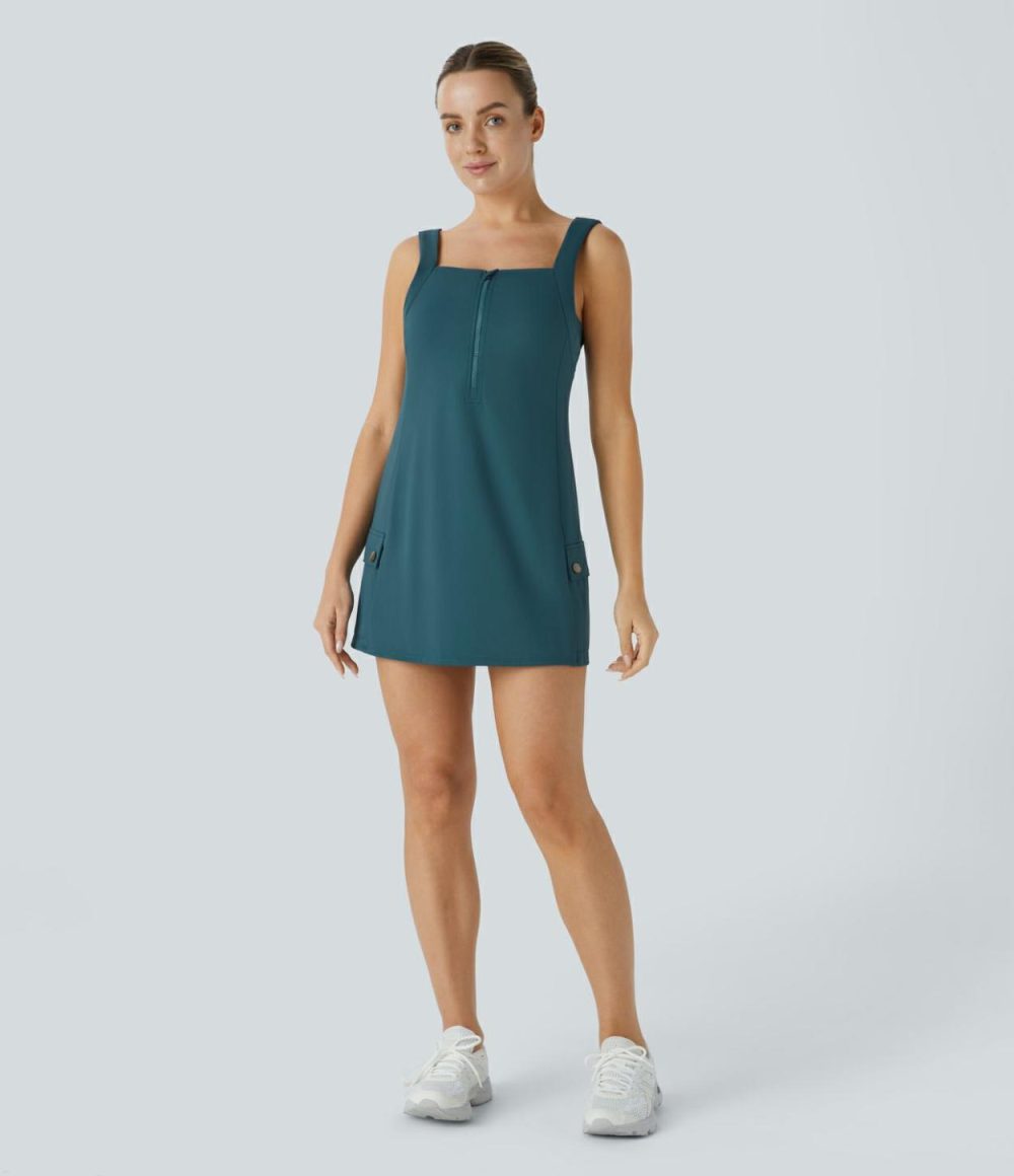 Front Half Zip Side Cargo Pocket Backless 2-Piece Quick Dry Mini Tank Active Dress  | Womens  Active Dresses Active Dresses Active Dresses