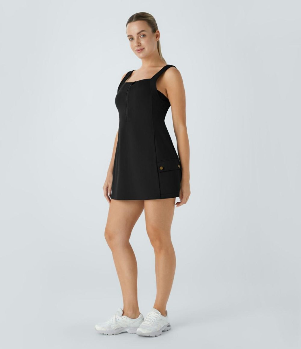 Front Half Zip Side Cargo Pocket Backless 2-Piece Quick Dry Mini Tank Active Dress  | Womens  Active Dresses Active Dresses Active Dresses