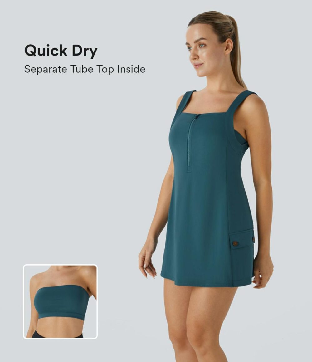 Front Half Zip Side Cargo Pocket Backless 2-Piece Quick Dry Mini Tank Active Dress  | Womens  Active Dresses Active Dresses Active Dresses