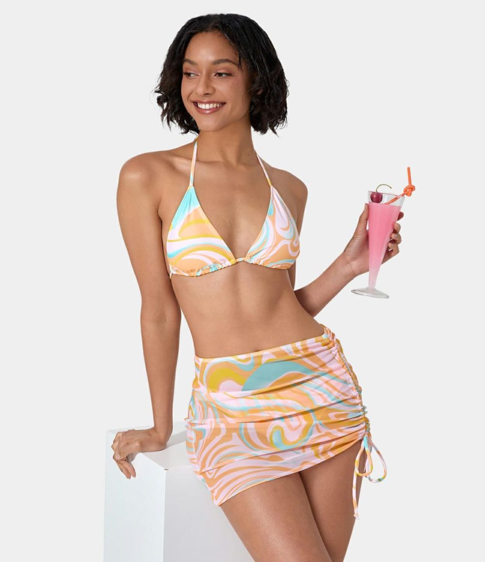 Geometric Print Tie Back Side Drawstring 3-Piece Swimsuit  | Womens  Swimwear Sets Clothing Geometric Pink/Geometric Purple/Geometric Light Blue/Geometric Yellow/Geometric Orange Pink