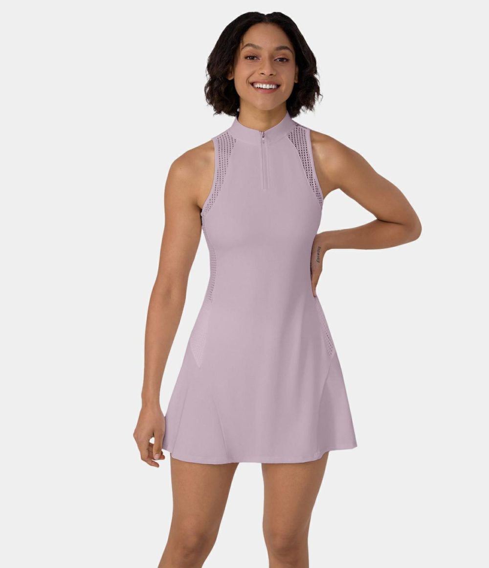 Half Zip Contrast Mesh Side Pocket 2-Piece Mini Tennis Active Dress  | Womens  Active Dresses Active Dresses Active Dresses