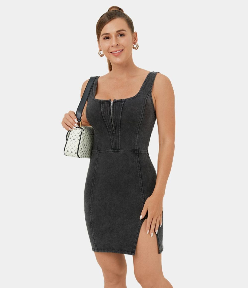 Half Zip Sleeveless Split Hem Backless Bodycon Stretchy Knit Denim Mini Casual Dress  | Womens  Mini Dresses Clothing Dark Grey Denim/Washed Denim Bleached Blue