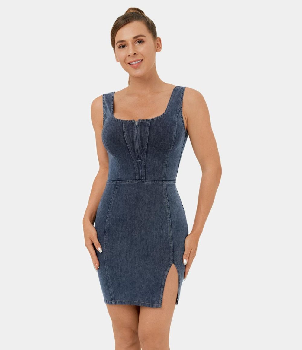 Half Zip Sleeveless Split Hem Backless Bodycon Stretchy Knit Denim Mini Casual Dress  | Womens  Mini Dresses Clothing Dark Grey Denim/Washed Denim Bleached Blue