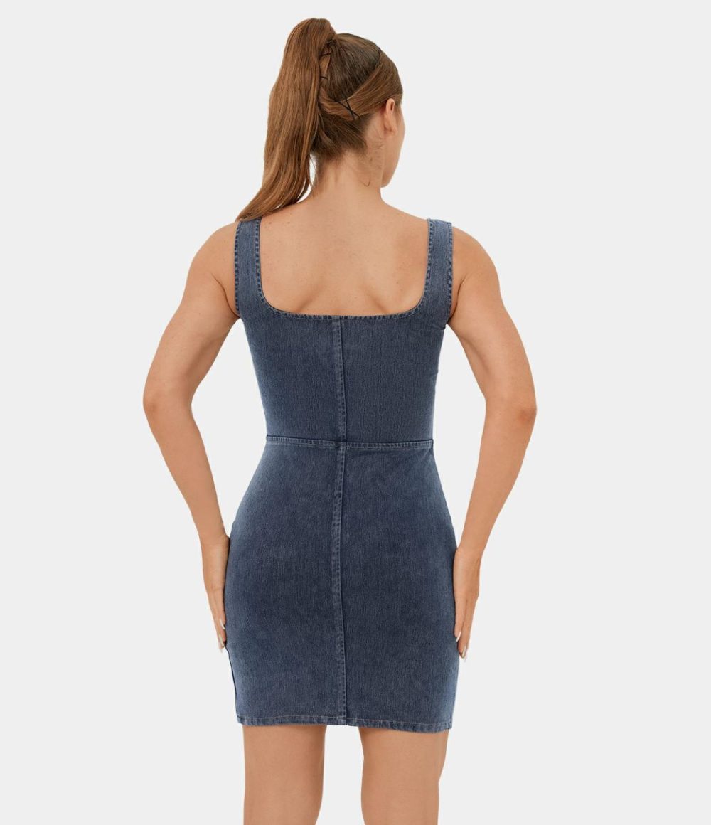 Half Zip Sleeveless Split Hem Backless Bodycon Stretchy Knit Denim Mini Casual Dress  | Womens  Mini Dresses Clothing Dark Grey Denim/Washed Denim Bleached Blue