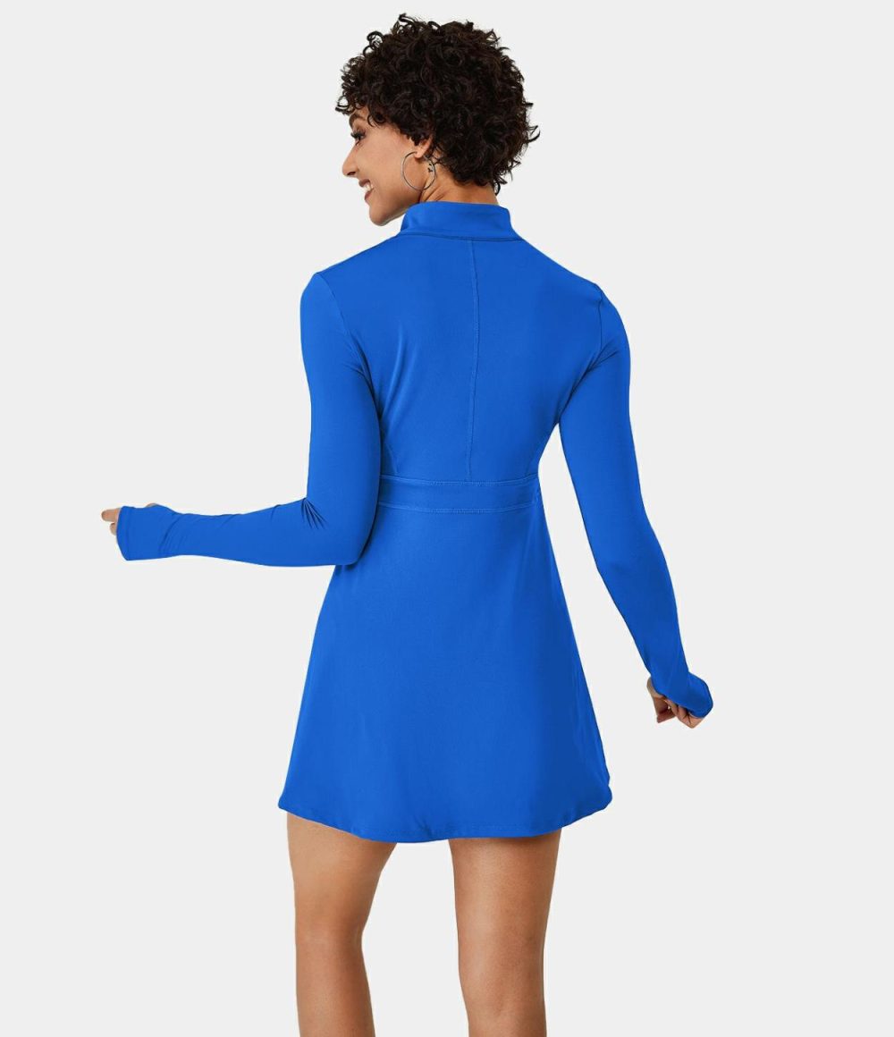 Half Zip Thumb Hole Split 2-Piece Pocket Tennis Active Dress  | Womens  Active Dresses Active Dresses Active Dresses