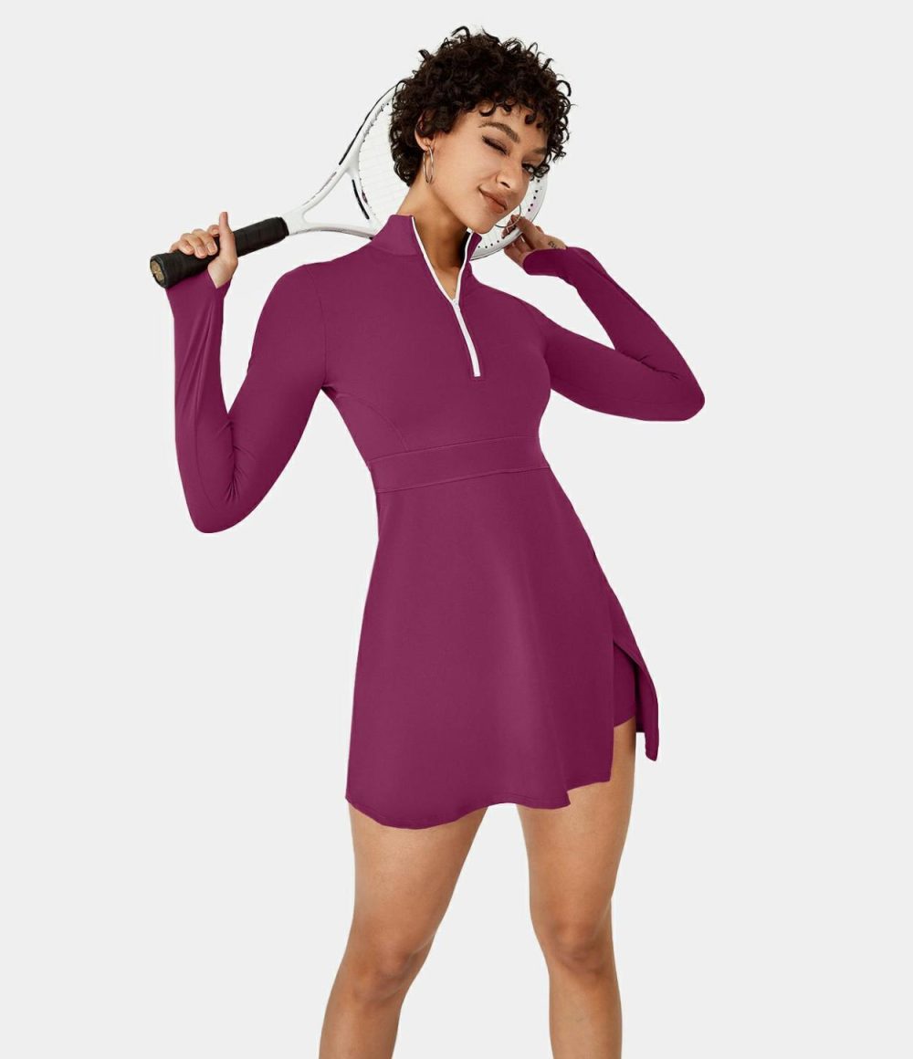 Half Zip Thumb Hole Split 2-Piece Pocket Tennis Active Dress  | Womens  Active Dresses Active Dresses Active Dresses