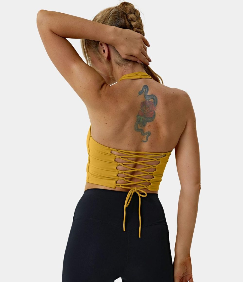 Halter Backless Crisscross Lace Up Workout Cropped Tank Top  | Womens  Cropped Tops Clothing Black/Goldenrod/Dark Plum