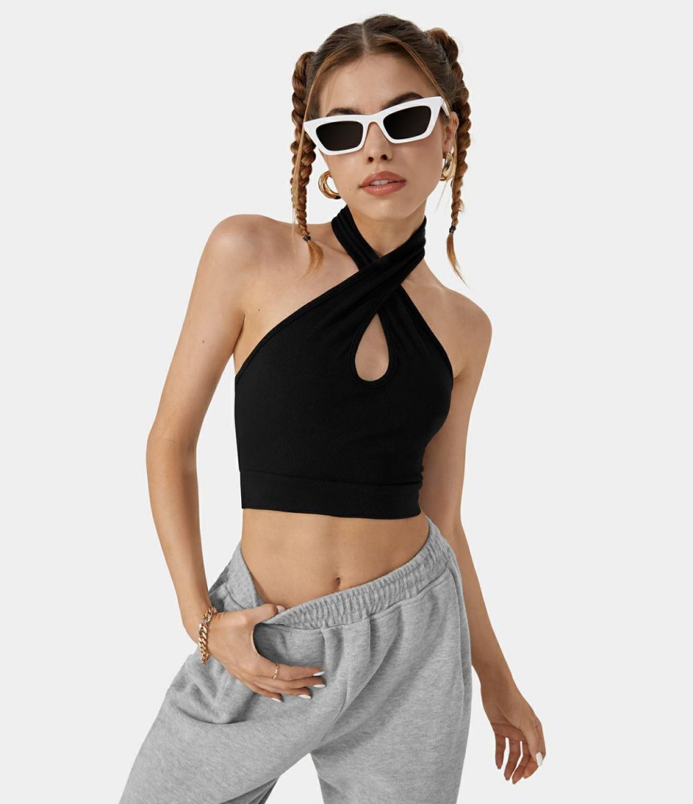 Halter Backless Cut Out Cropped Casual Tank Top  | Womens  Cropped Tops Clothing Cropped Tops