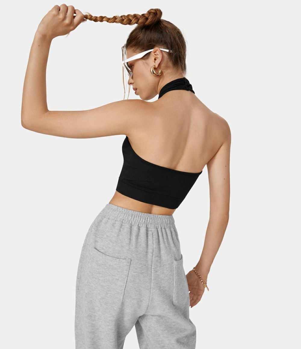 Halter Backless Cut Out Cropped Casual Tank Top  | Womens  Cropped Tops Clothing Cropped Tops