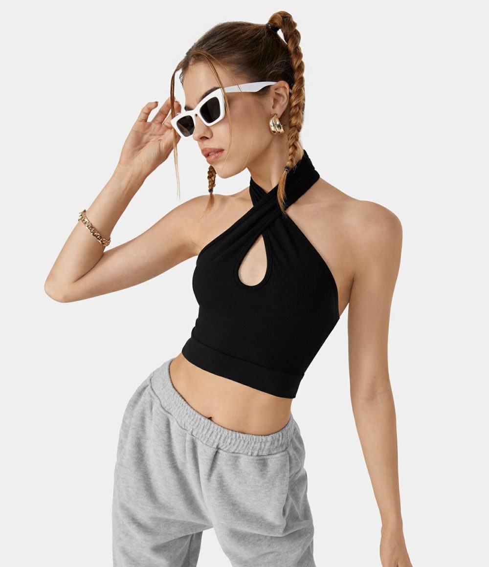 Halter Backless Cut Out Cropped Casual Tank Top  | Womens  Cropped Tops Clothing Cropped Tops