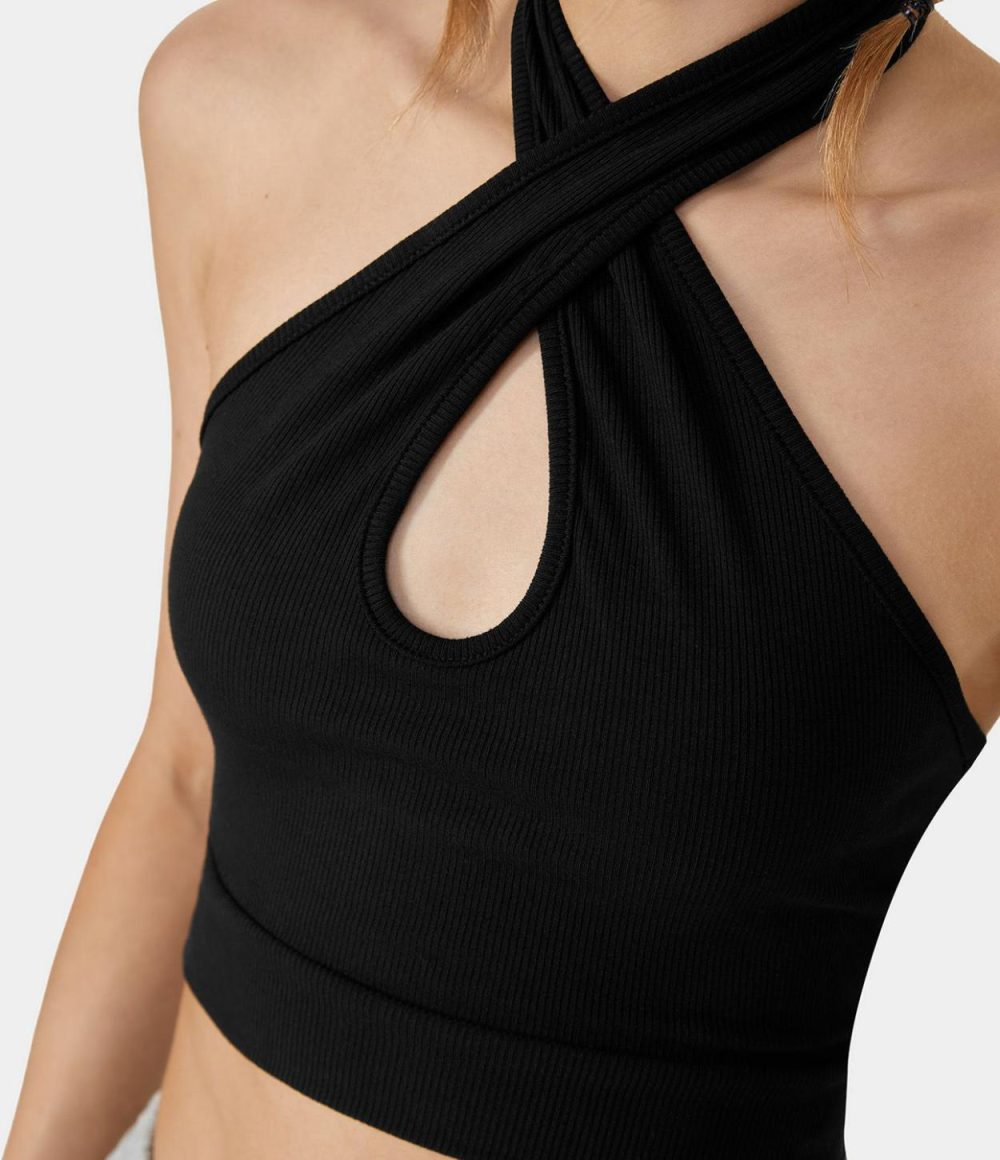 Halter Backless Cut Out Cropped Casual Tank Top  | Womens  Cropped Tops Clothing Cropped Tops