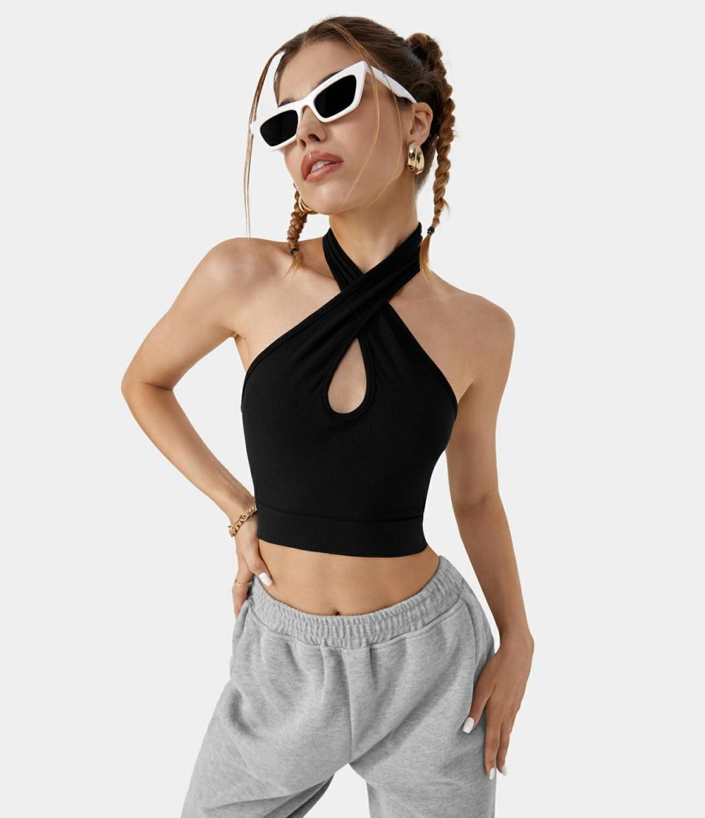 Halter Backless Cut Out Cropped Casual Tank Top  | Womens  Cropped Tops Clothing Cropped Tops