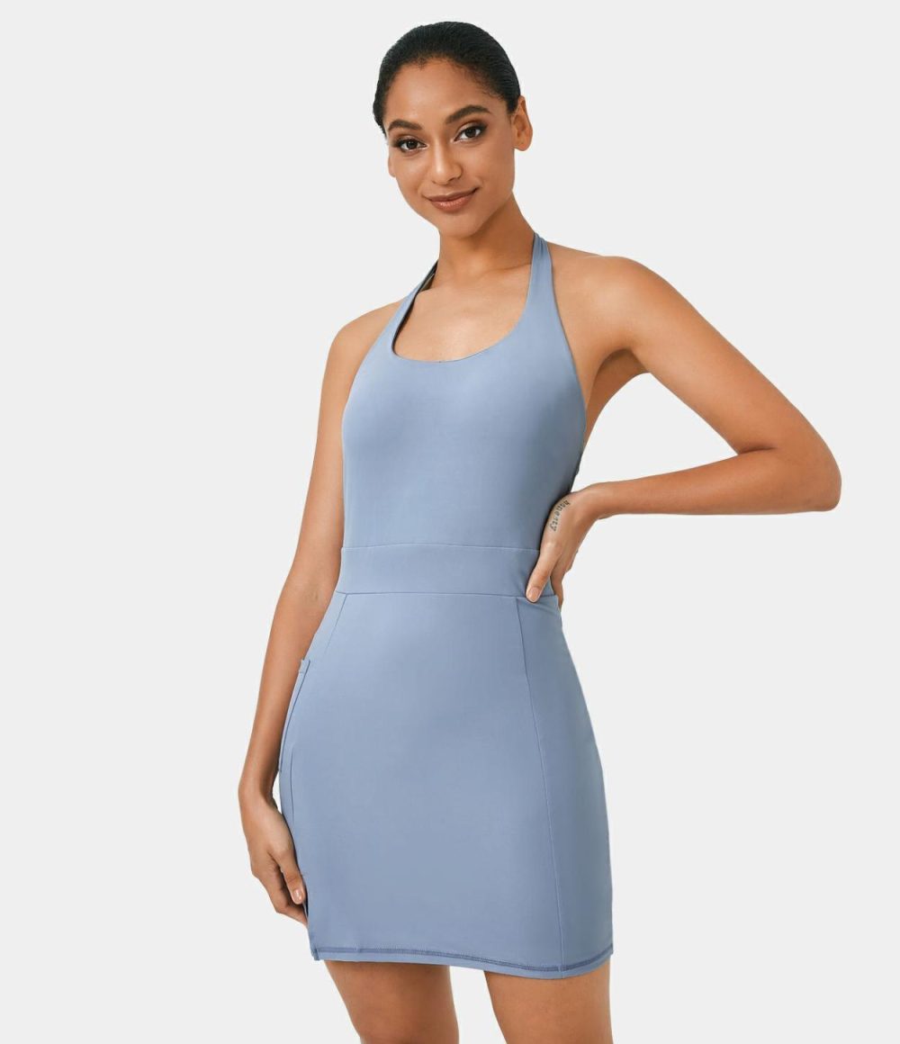 Halter Backless Pocket Split Hem Mini Yoga Active Dress  | Womens  Active Dresses Active Dresses Active Dresses