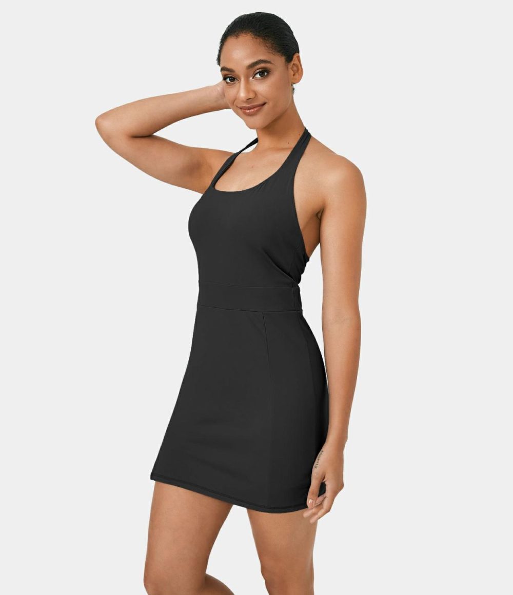 Halter Backless Pocket Split Hem Mini Yoga Active Dress  | Womens  Active Dresses Active Dresses Active Dresses