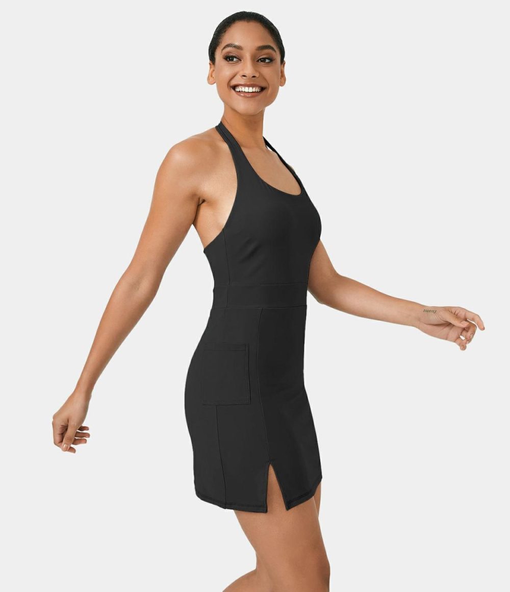 Halter Backless Pocket Split Hem Mini Yoga Active Dress  | Womens  Active Dresses Active Dresses Active Dresses