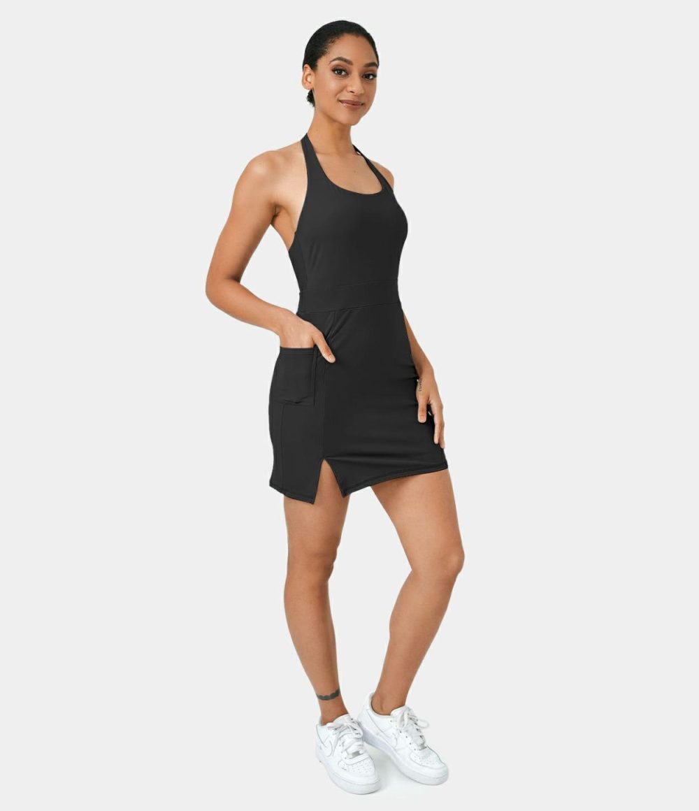 Halter Backless Pocket Split Hem Mini Yoga Active Dress  | Womens  Active Dresses Active Dresses Active Dresses