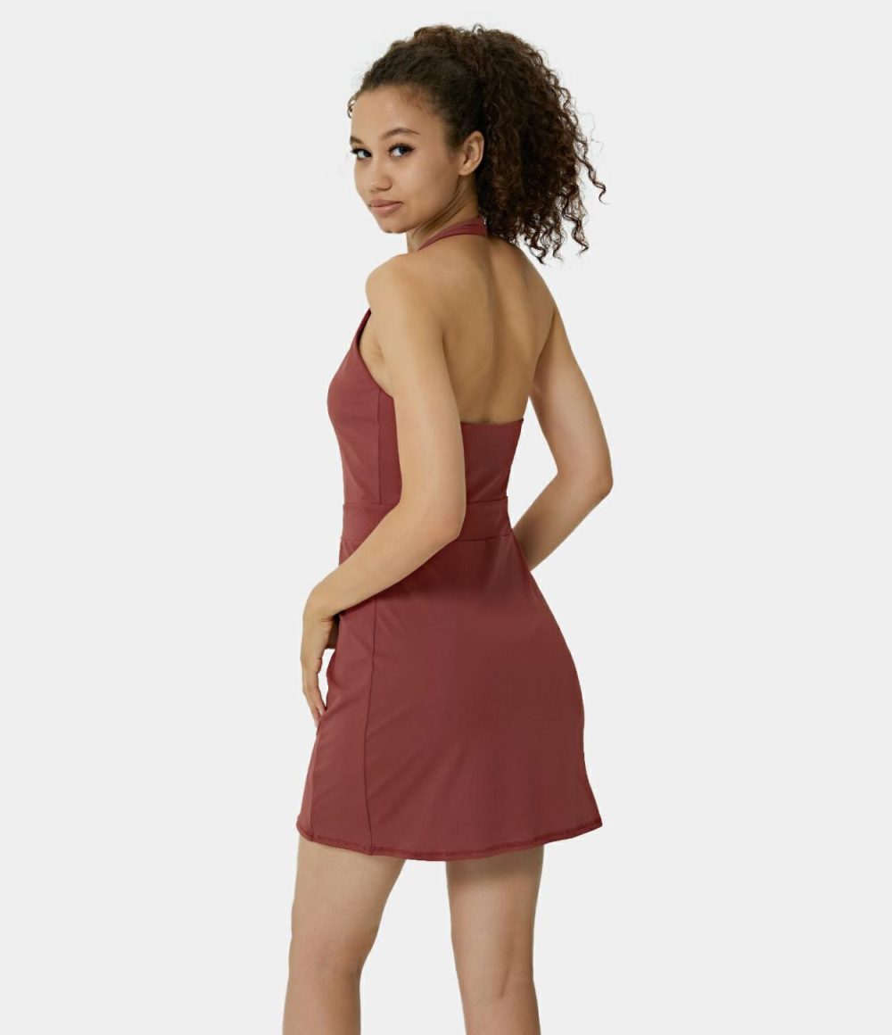 Halter Backless Pocket Split Hem Mini Yoga Active Dress  | Womens  Active Dresses Active Dresses Active Dresses