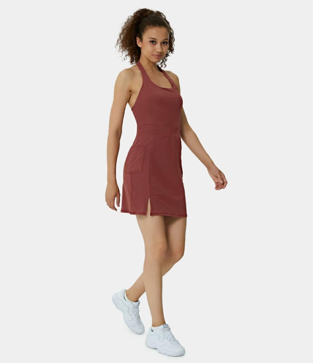 Halter Backless Pocket Split Hem Mini Yoga Active Dress  | Womens  Active Dresses Active Dresses Active Dresses