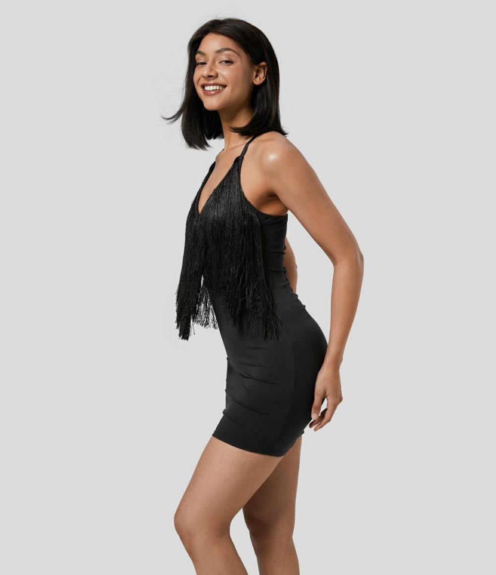 Halter Backless Removable Strap Fringe Bodycon Ruched Mini Slip Resort Dress  | Womens  Mini Dresses Clothing Black/Emboldened