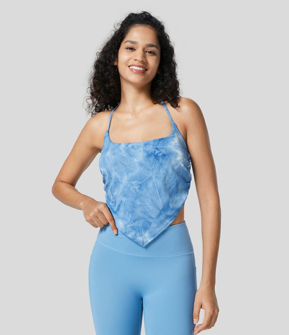 Halter Backless Side Ruched Hanky Hem Cropped Tie Dye Yoga Tank Top  | Womens  Cropped Tops Clothing Cropped Tops