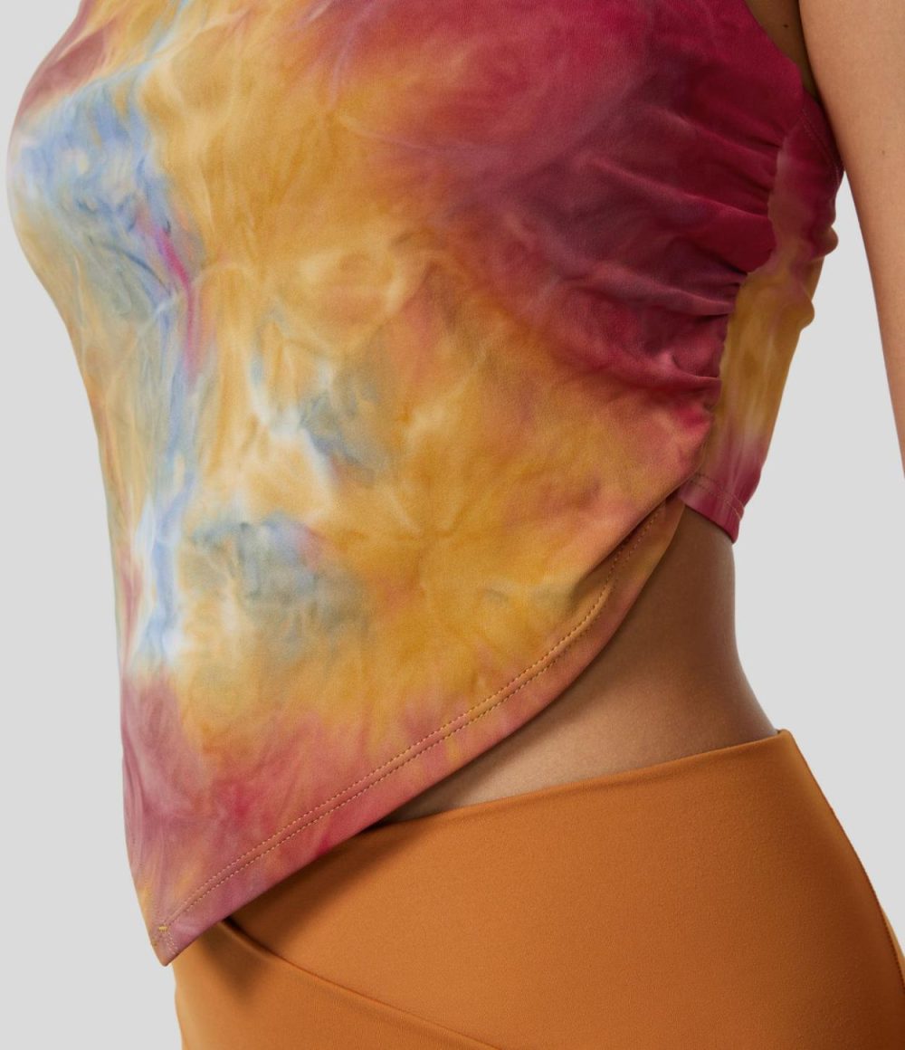 Halter Backless Side Ruched Hanky Hem Cropped Tie Dye Yoga Tank Top  | Womens  Cropped Tops Clothing Cropped Tops