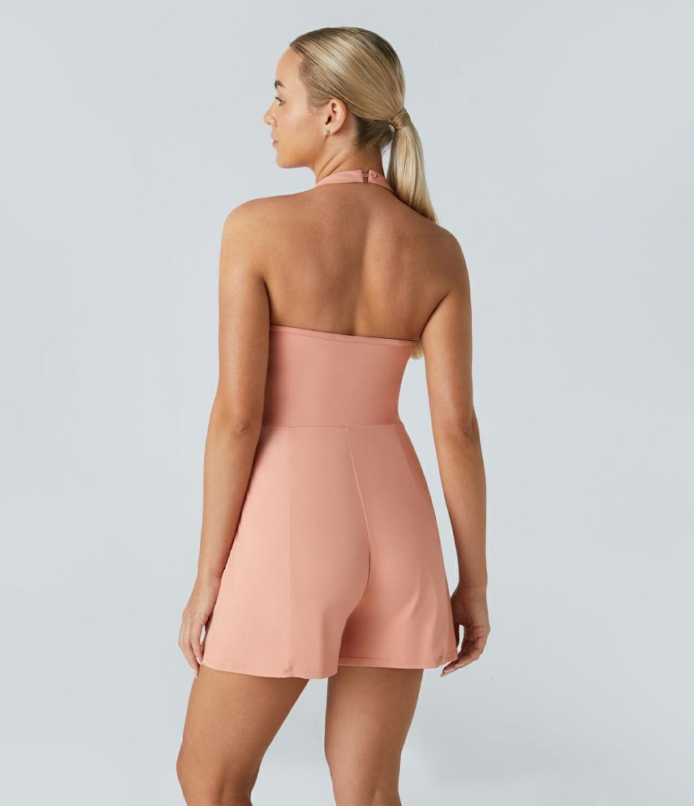 Halter Button Backless Sleeveless Side Pocket Wrapped Hem Casual Jumpsuit  | Womens  Rompers Clothing Pale Coral Pink/Tap Shoe