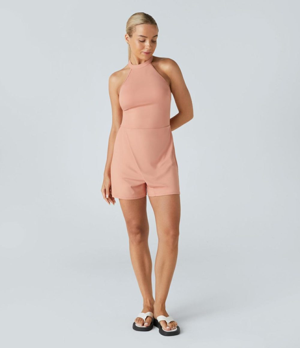 Halter Button Backless Sleeveless Side Pocket Wrapped Hem Casual Jumpsuit  | Womens  Rompers Clothing Pale Coral Pink/Tap Shoe