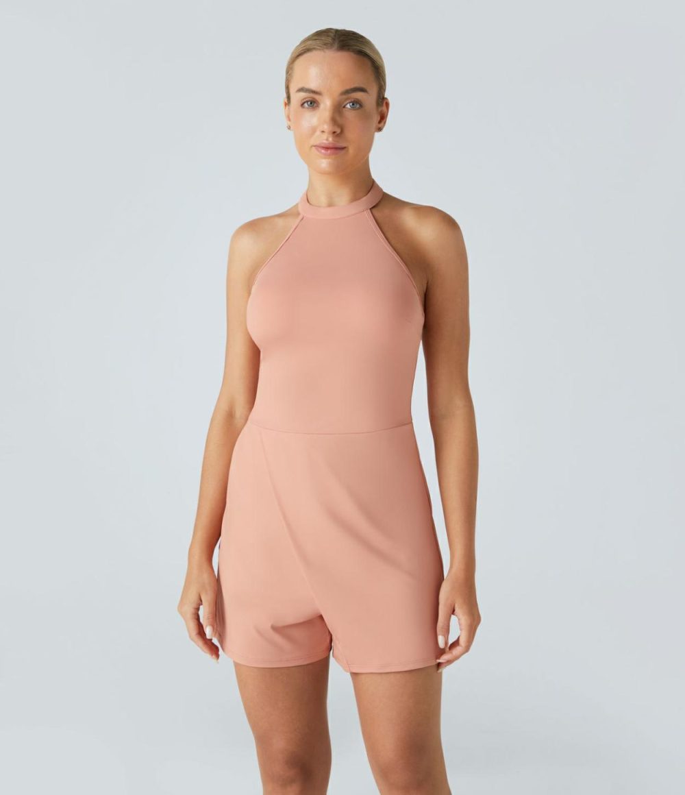 Halter Button Backless Sleeveless Side Pocket Wrapped Hem Casual Jumpsuit  | Womens  Rompers Clothing Pale Coral Pink/Tap Shoe