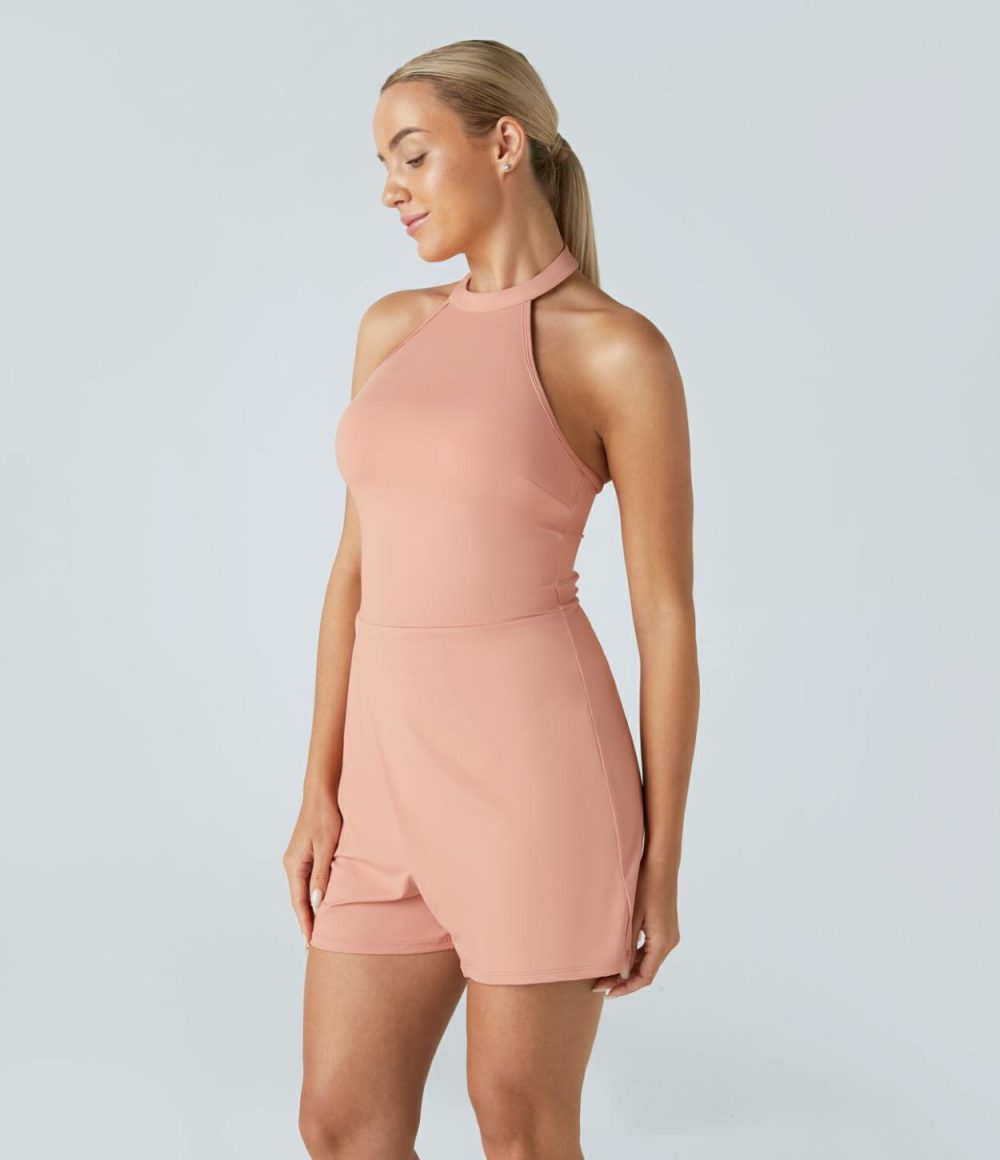 Halter Button Backless Sleeveless Side Pocket Wrapped Hem Casual Jumpsuit  | Womens  Rompers Clothing Pale Coral Pink/Tap Shoe